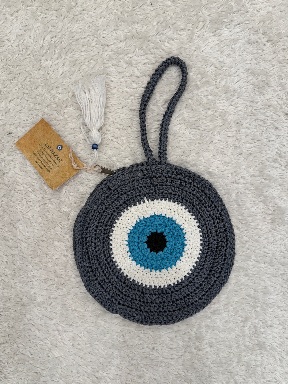 Hand-Crocheted Evil Eye Wristlet - Grey, White & Turquoise